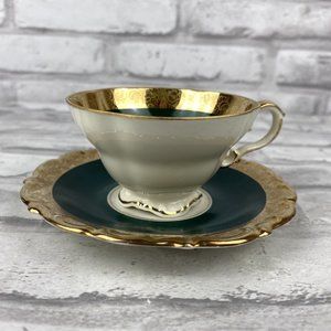 Lindner Kueps Bavaria Green & Gold Gilt Demitasse Cup Saucer Vintage